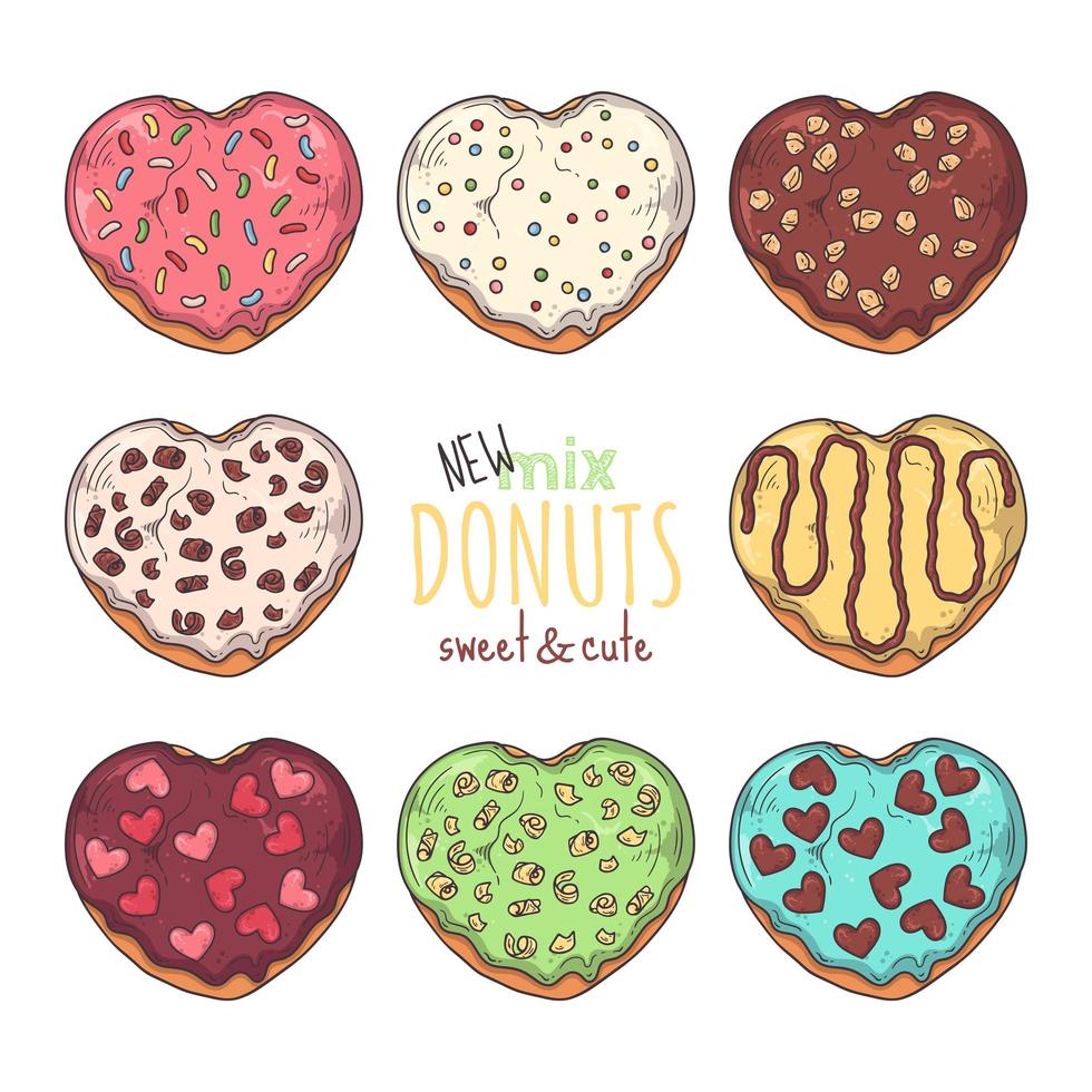 Big vector set of glazed donuts decorated with toppings, chocolate, nuts.