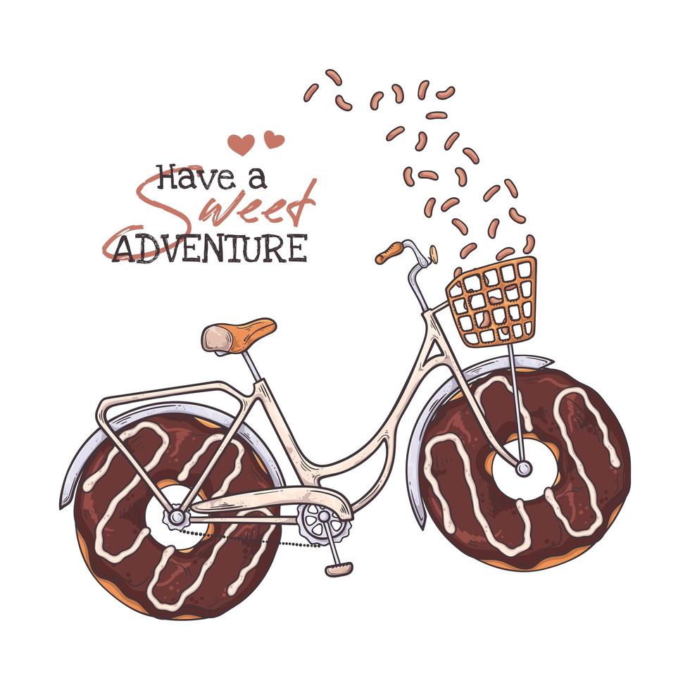 ilustraciones de dibujo vectorial. bicicleta con rosquillas en lugar de ruedas. vector