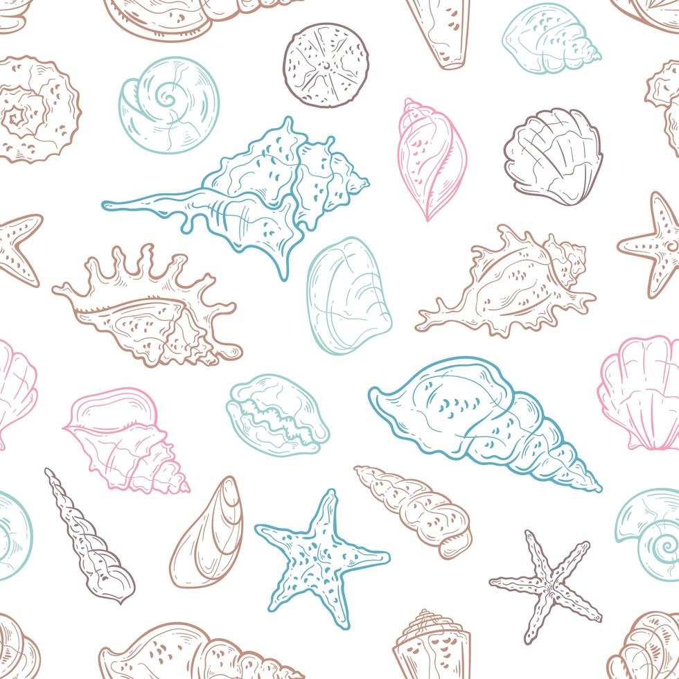 Vector sketching illustrations. Seamless pattern of seashells.
