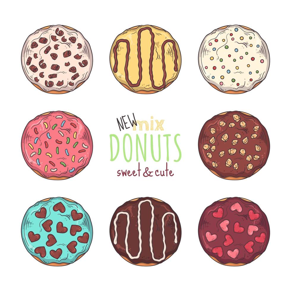 Big vector set of glazed donuts decorated with toppings, chocolate, nuts.