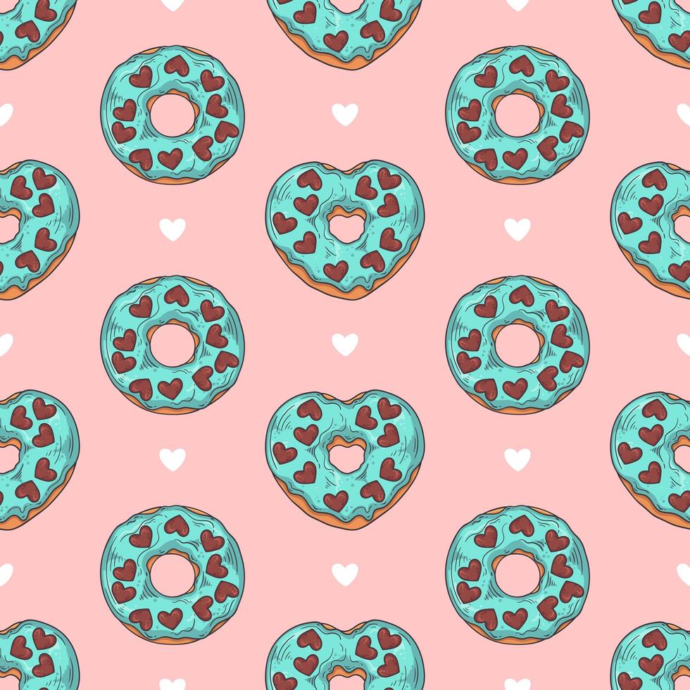 Vector seamless pattern. Glazed donuts decorated with toppings, chocolate, nuts.