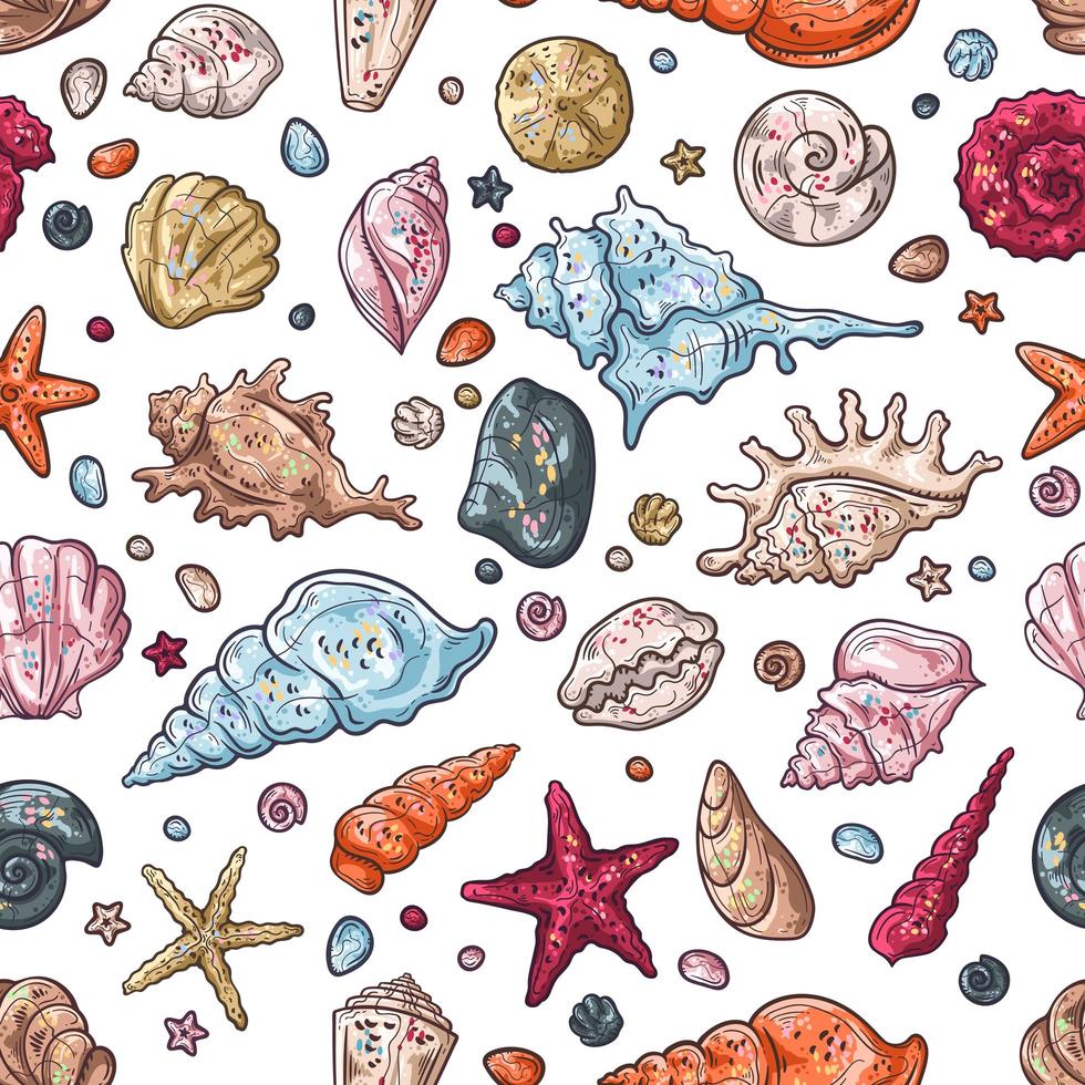 Vector sketching illustrations. Seamless pattern of seashells.