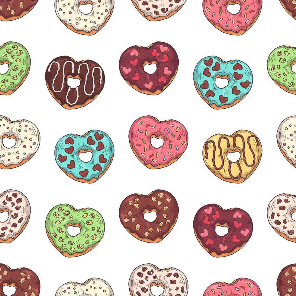 Vector pattern. Glazed donuts decorated with toppings, chocolate, nuts.