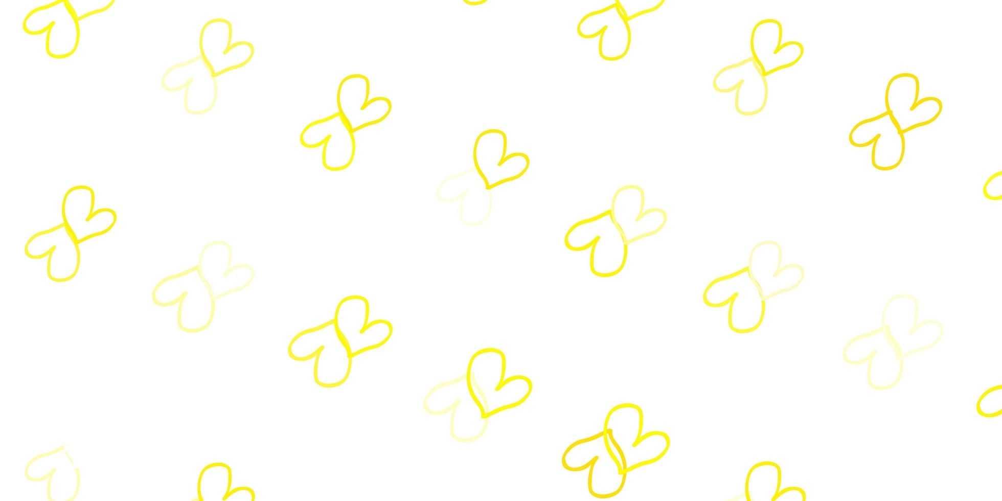 Fondo de vector amarillo claro con corazones brillantes