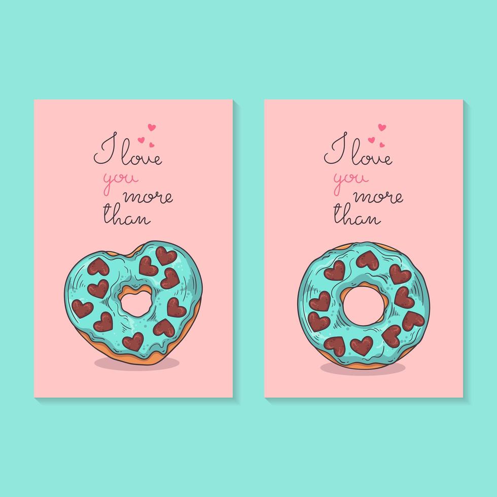 Vector illustrations. Congratulations on Valentine's Day. Cards with donuts.