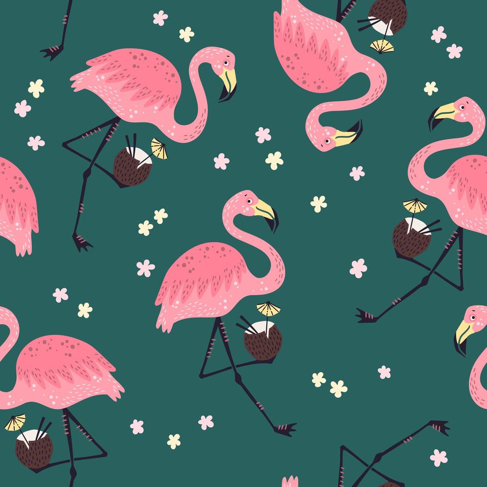 Vector cute flamingo with flowers. Seamless pattern.