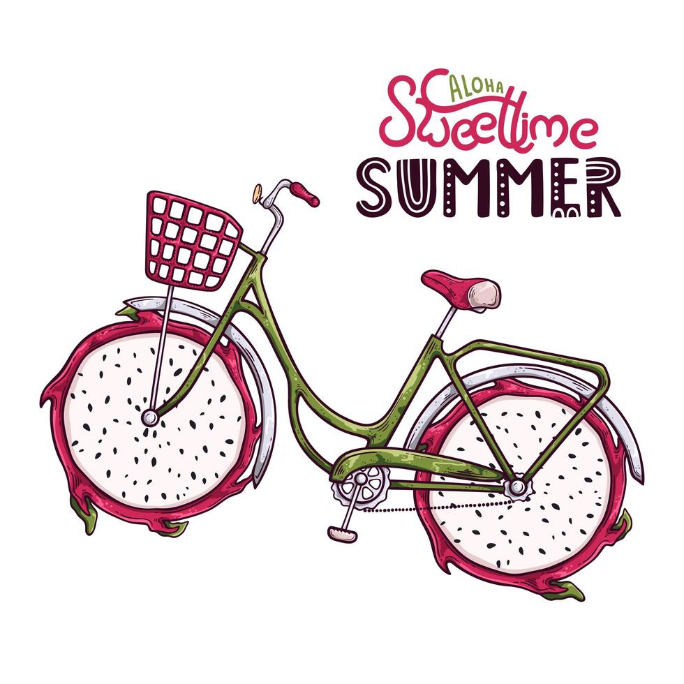 Vector illustration of bicycle with dragon fruit instead of wheels.