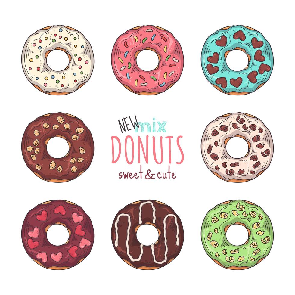 Big vector set of glazed donuts decorated with toppings, chocolate, nuts.