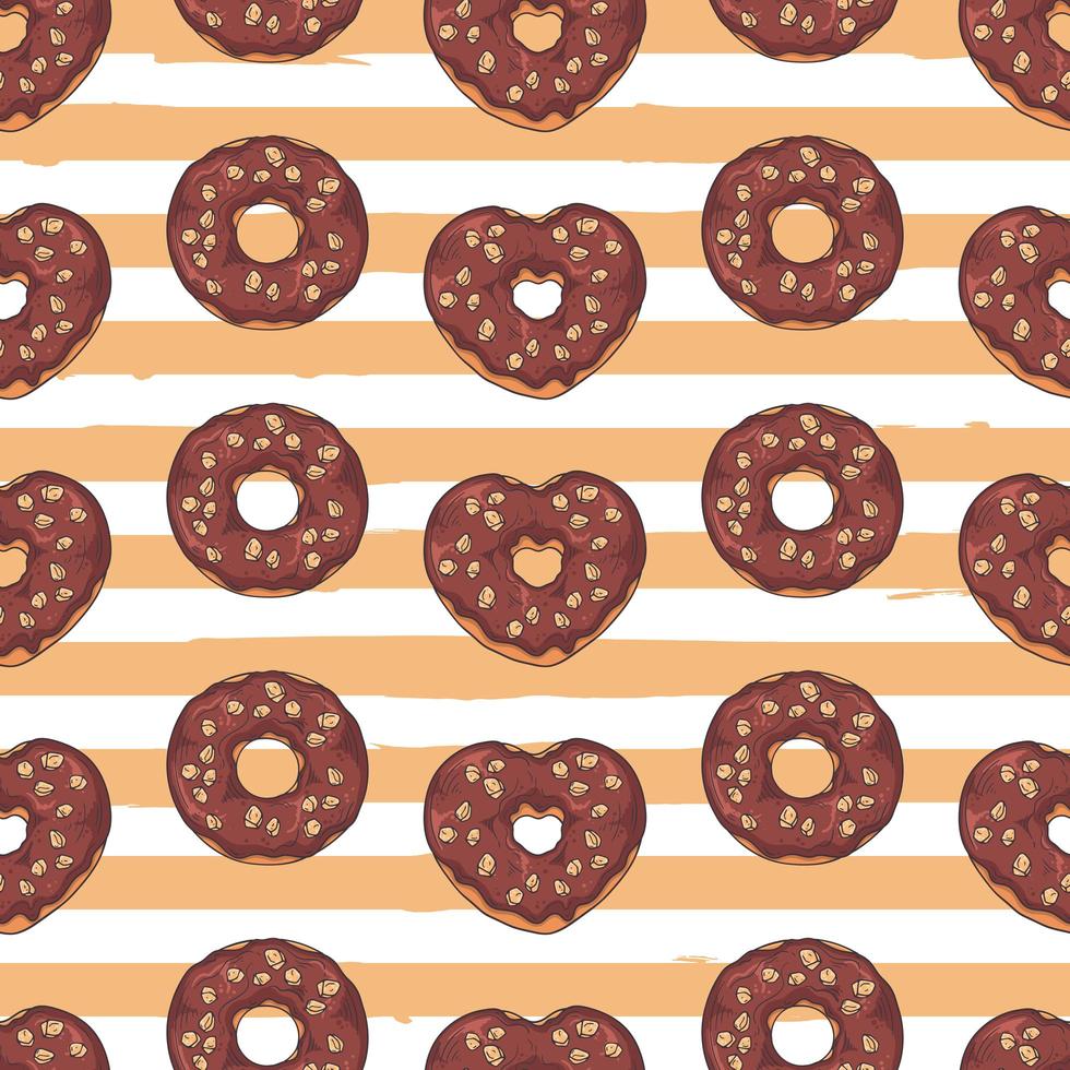 Vector seamless pattern. Glazed donuts decorated with toppings, chocolate, nuts.