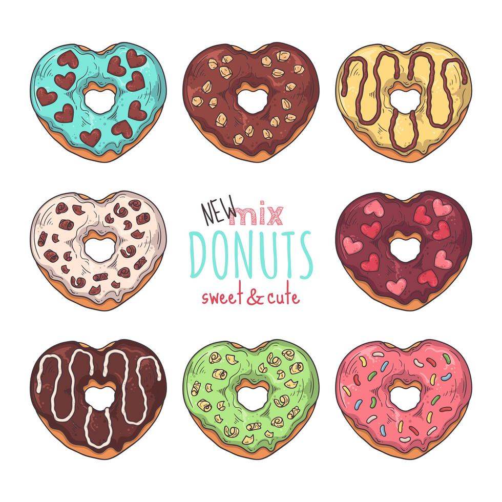 Big vector set of glazed donuts decorated with toppings, chocolate, nuts.