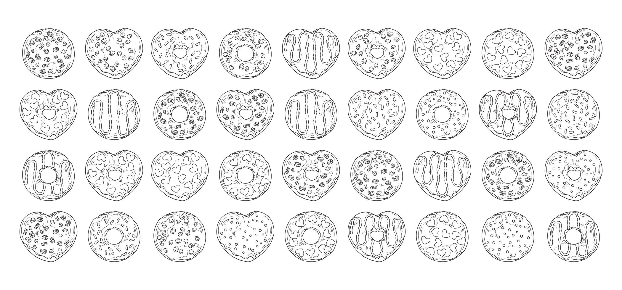 Big vector set of glazed donuts decorated with toppings, chocolate, nuts.