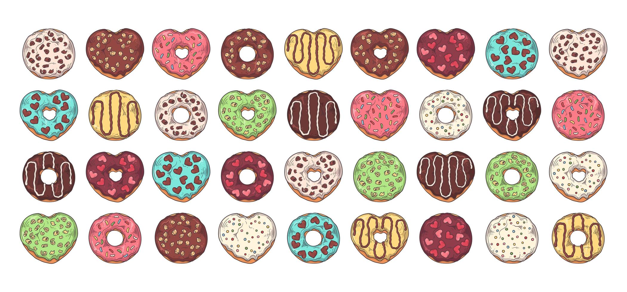 Big vector set of glazed donuts decorated with toppings, chocolate, nuts.
