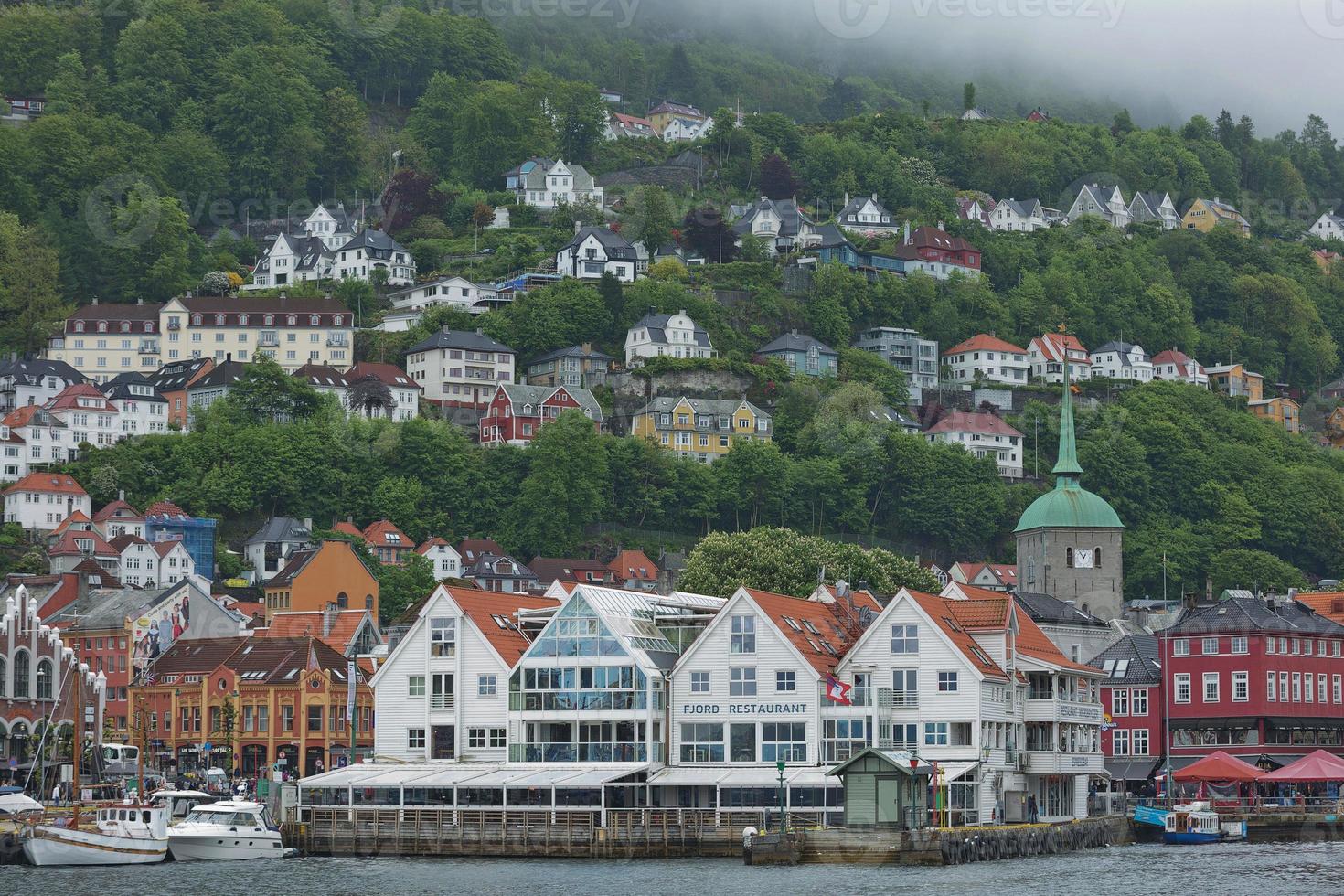 Arquitectura del muelle de la ciudad vieja de Bryggen en Bergen, Noruega foto