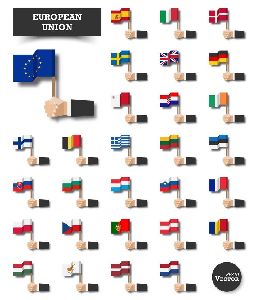 European union . Set of EU flag and membership . Hand of businessman hold and wave flag pole on white isolated background . Flat design . Elements vector .