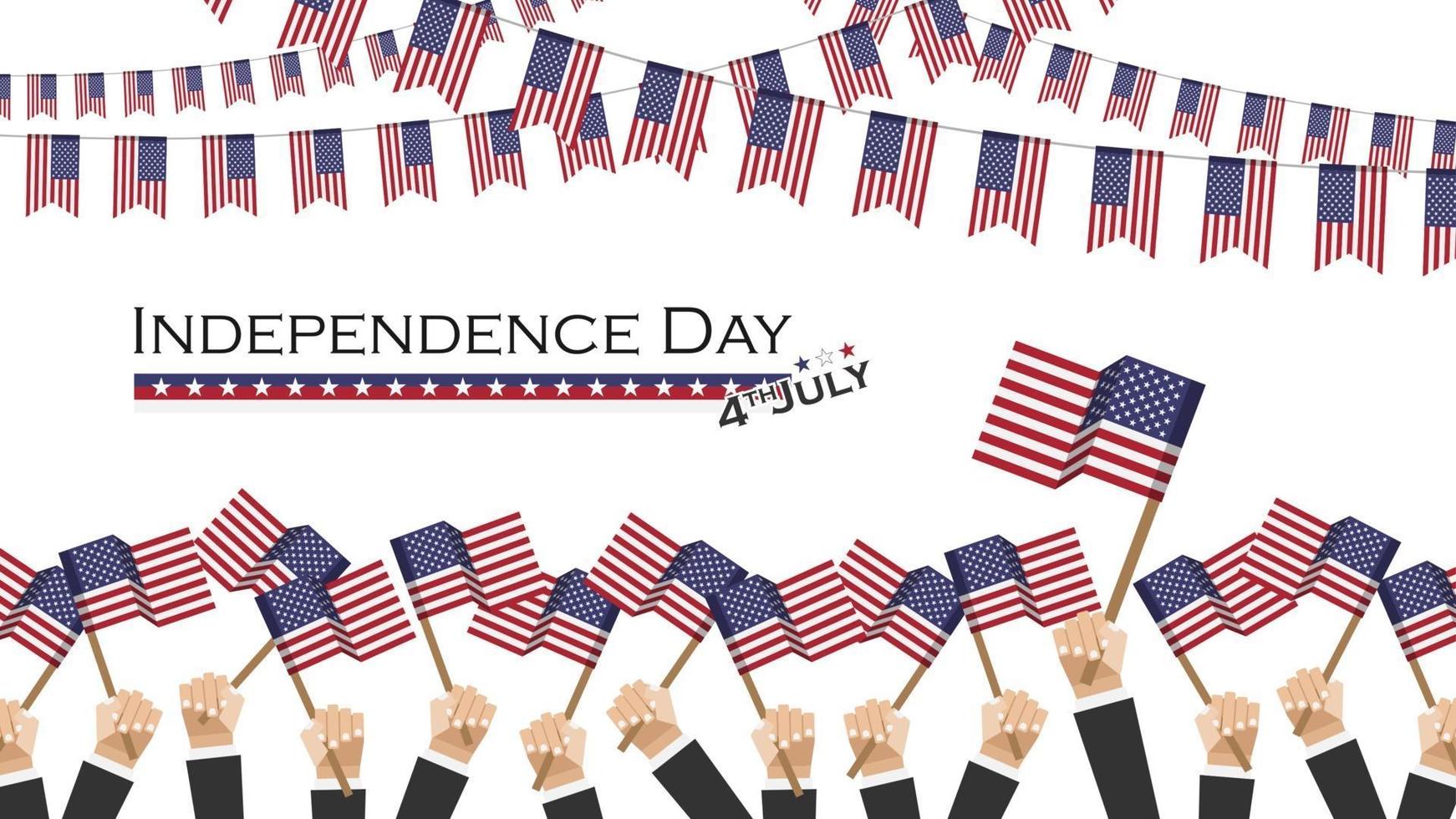 Independence day of USA  4th July  . Many people hold and raise up waving america flag and bunting flags above them . Flat design . Vector .