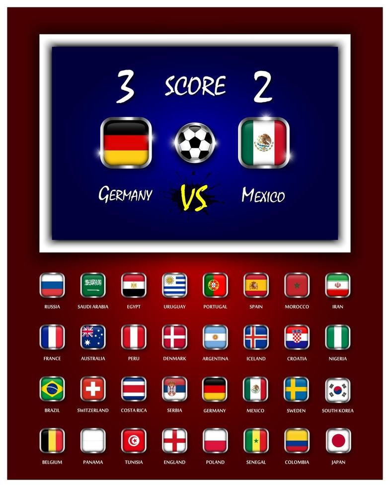 Scoreboard of football match and square design national flags with metal frame on blue and red color gradient background . Vector for international world tournament cup 2018 .