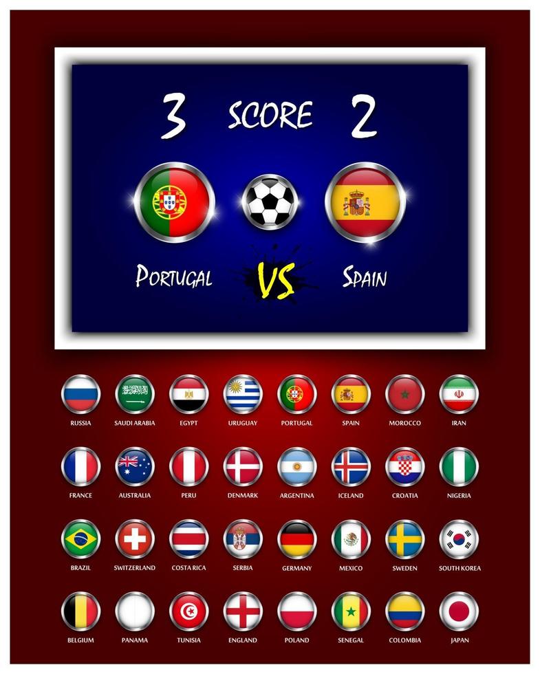 Scoreboard of football match and circle design national flags with metal frame on blue and red color gradient background . Vector for international world tournament cup 2018 .