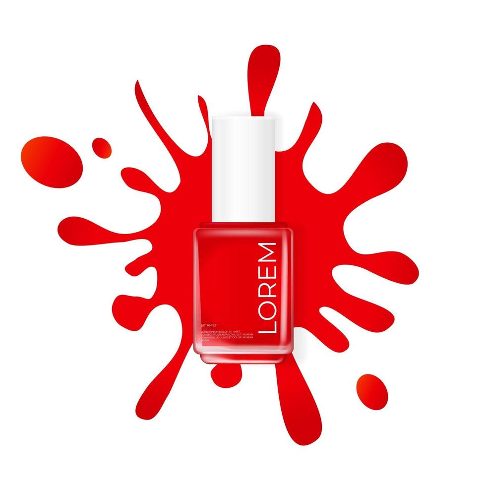 esmalte de uñas rojo con salpicaduras sobre un fondo blanco. plantilla de producto cosmético para publicidad, revista, muestra de producto. vector
