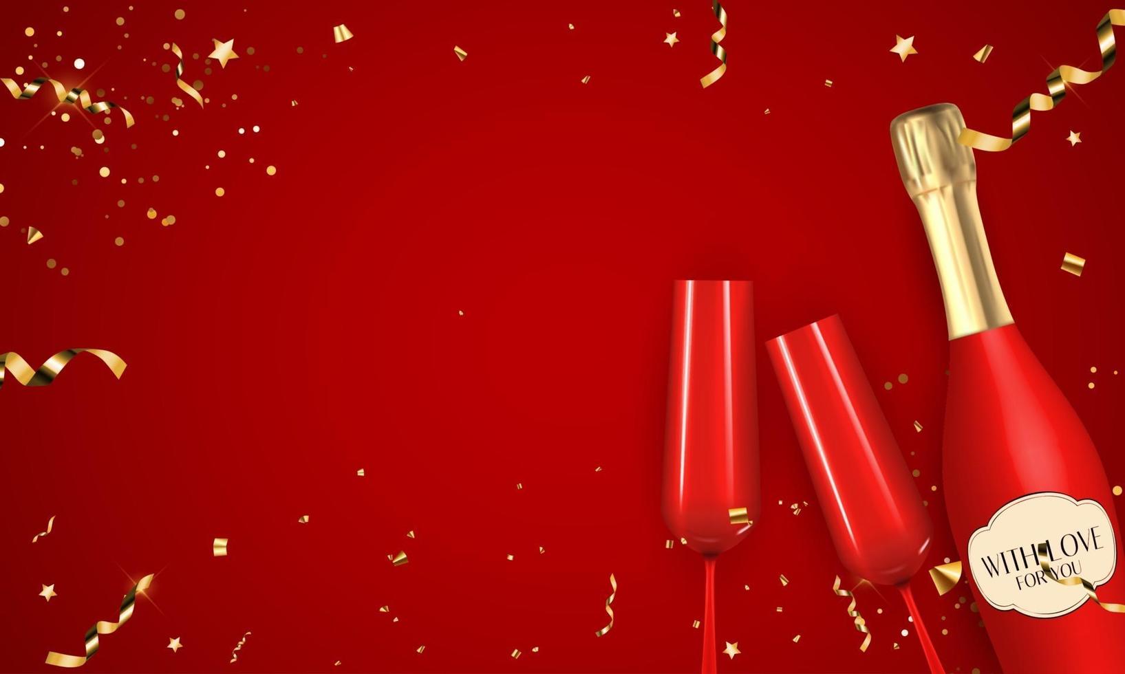 Abstract Red Party Holiday Background with Confetti and Golden Ribbon, Champagne Bottle and Glass vector