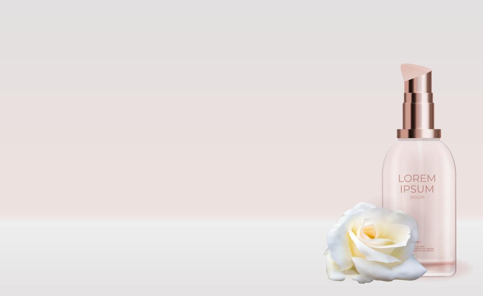 Producto cosmético natural realista 3d para el cuidado facial con flor rosa. plantilla de diseño de productos cosméticos de moda para anuncios, folletos o revistas de fondo vector