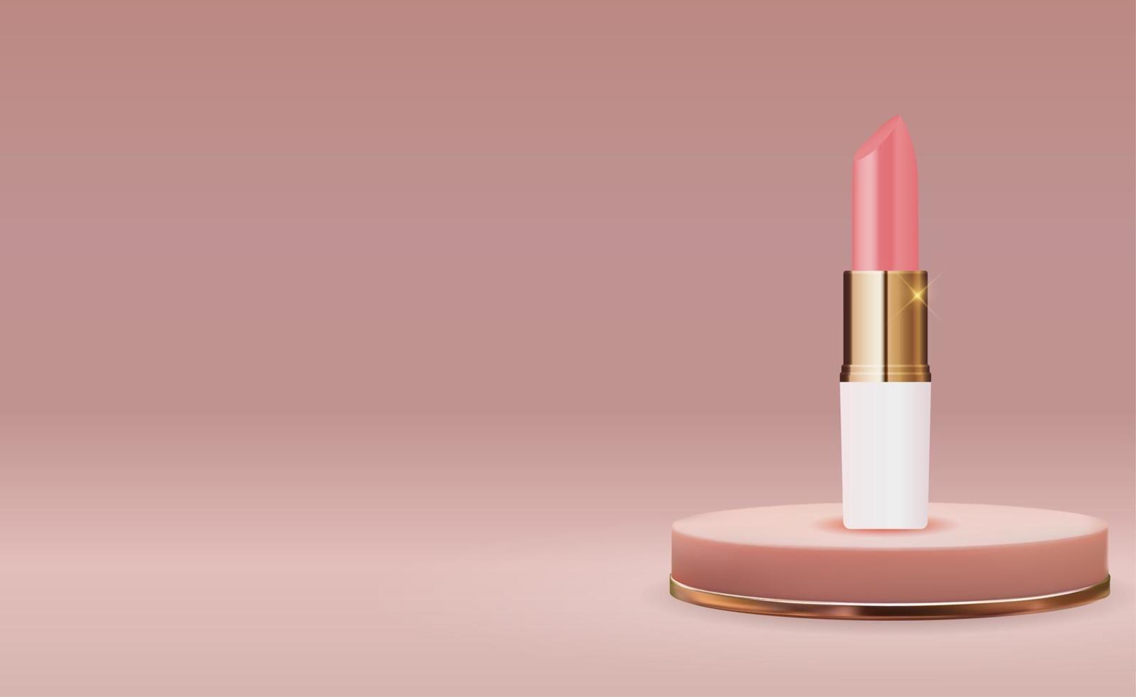 Lápiz labial natural realista 3d en la plantilla de diseño de podio rosa de productos cosméticos de moda para anuncios, folletos o revistas de fondo vector