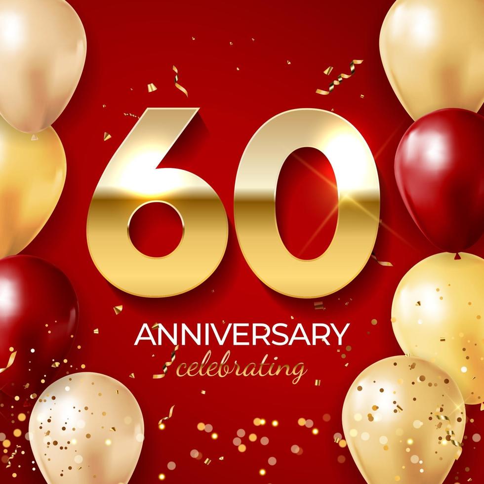 Anniversary celebration decoration. Golden number 60 with confetti, balloons, glitters and streamer ribbons on red background vector