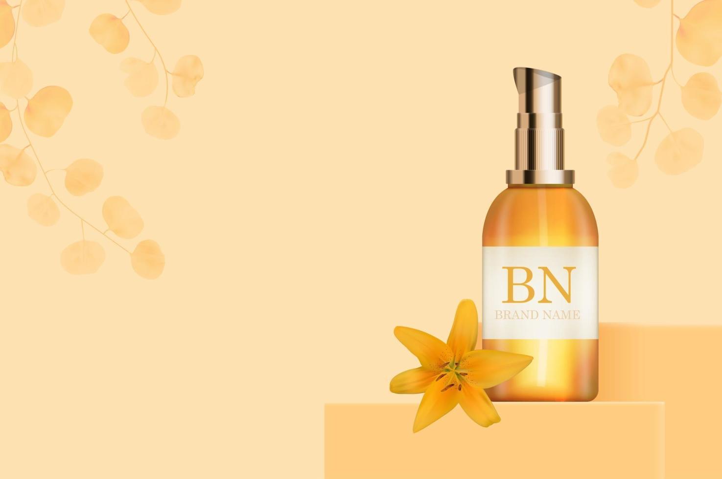 3D Realistic sun Protection Cream Bottle on Sunny Yellow Background. Design Template of Fashion Cosmetics Product vector