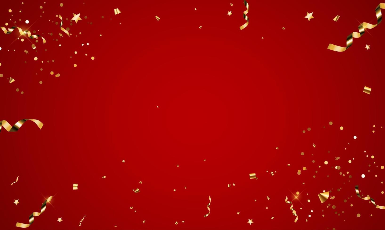 Fondo de vacaciones de fiesta rojo abstracto con confeti y cinta dorada vector