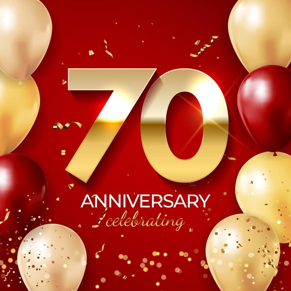 decoración de celebración de aniversario. Número de oro 70 con globos, confeti, brillos y cintas serpentinas sobre fondo rojo. vector