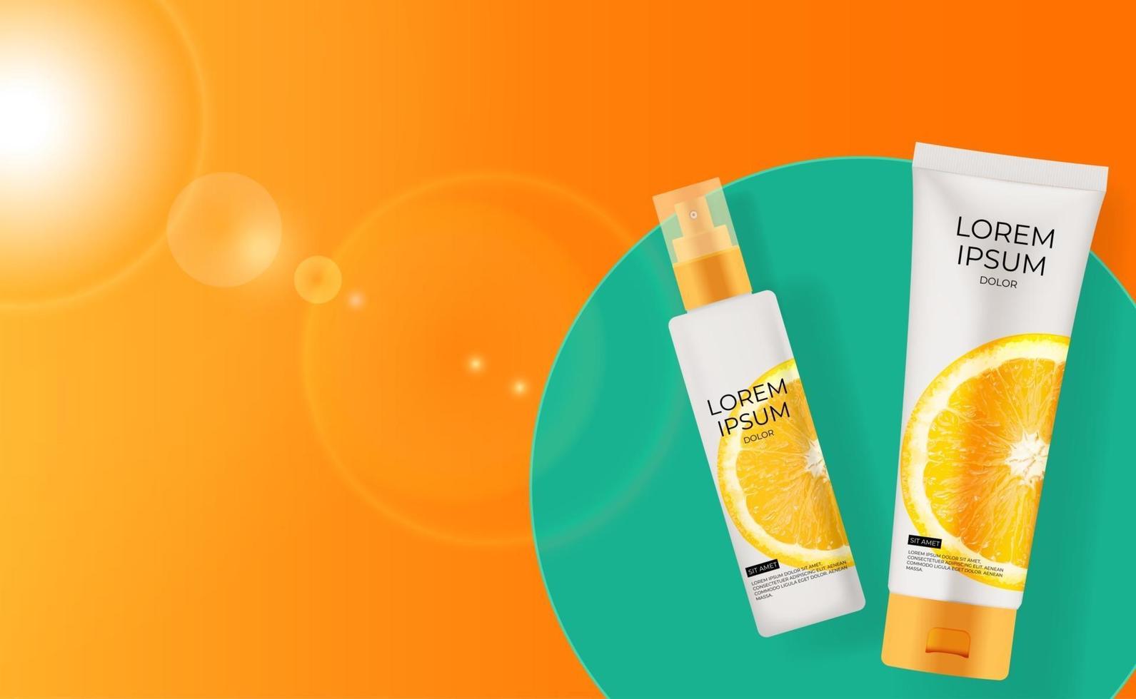 Fondo de botella de crema naranja de vitamina c realista 3d. plantilla de diseño de producto cosmético de moda vector