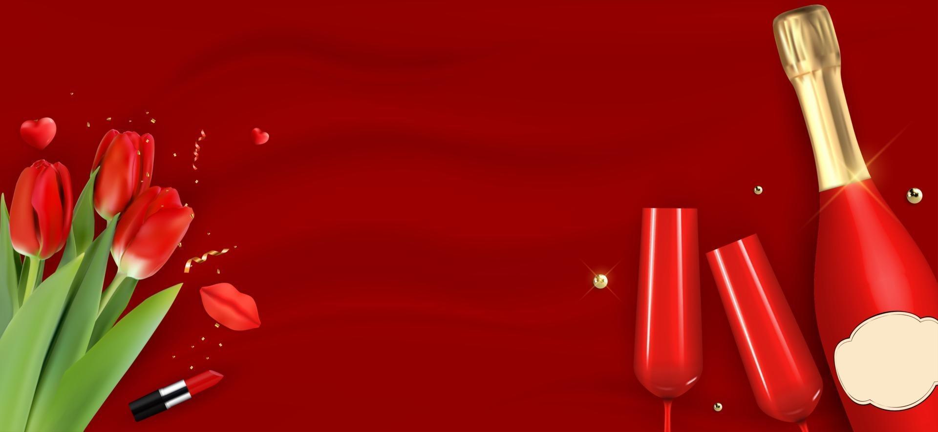 botella de champán 3d realista, vasos y tulipanes en seda roja. Fondo de tarjeta de concepto de día de la mujer feliz 8 de marzo. vector