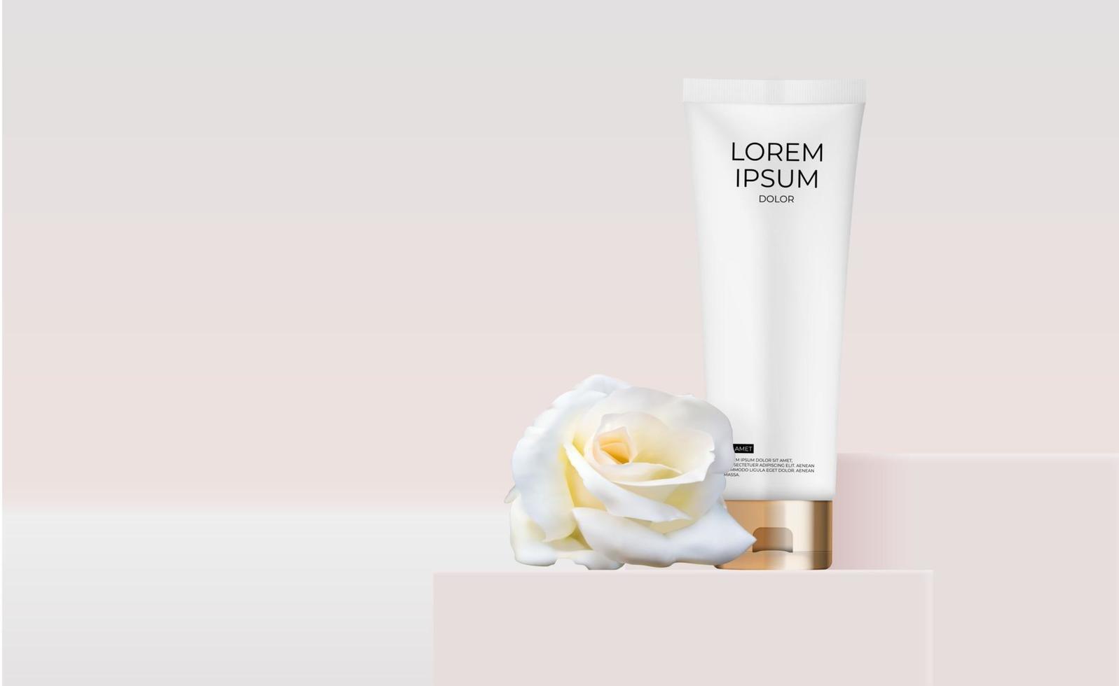 3D Realistic Natural cosmetic product for face care with rose flower. Design Template of Fashion Cosmetics Product for Ads, flyer or Magazine Background vector