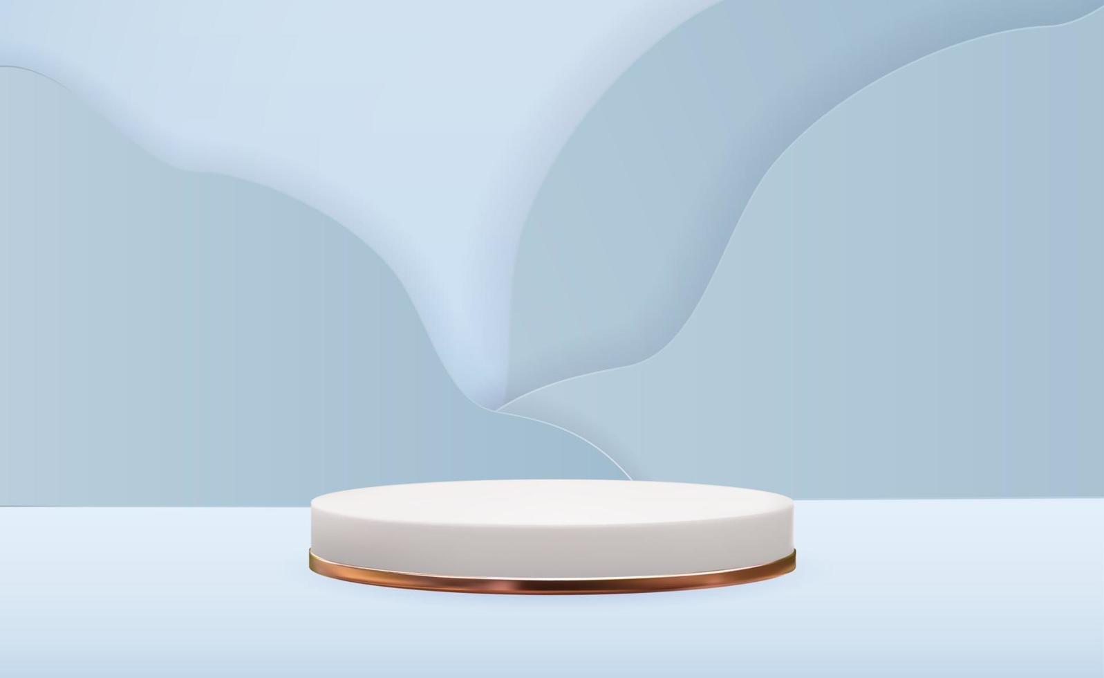 Realistic 3d pedestal over blue trendy wave background. Empty podium display for ads cosmetic product presentation vector