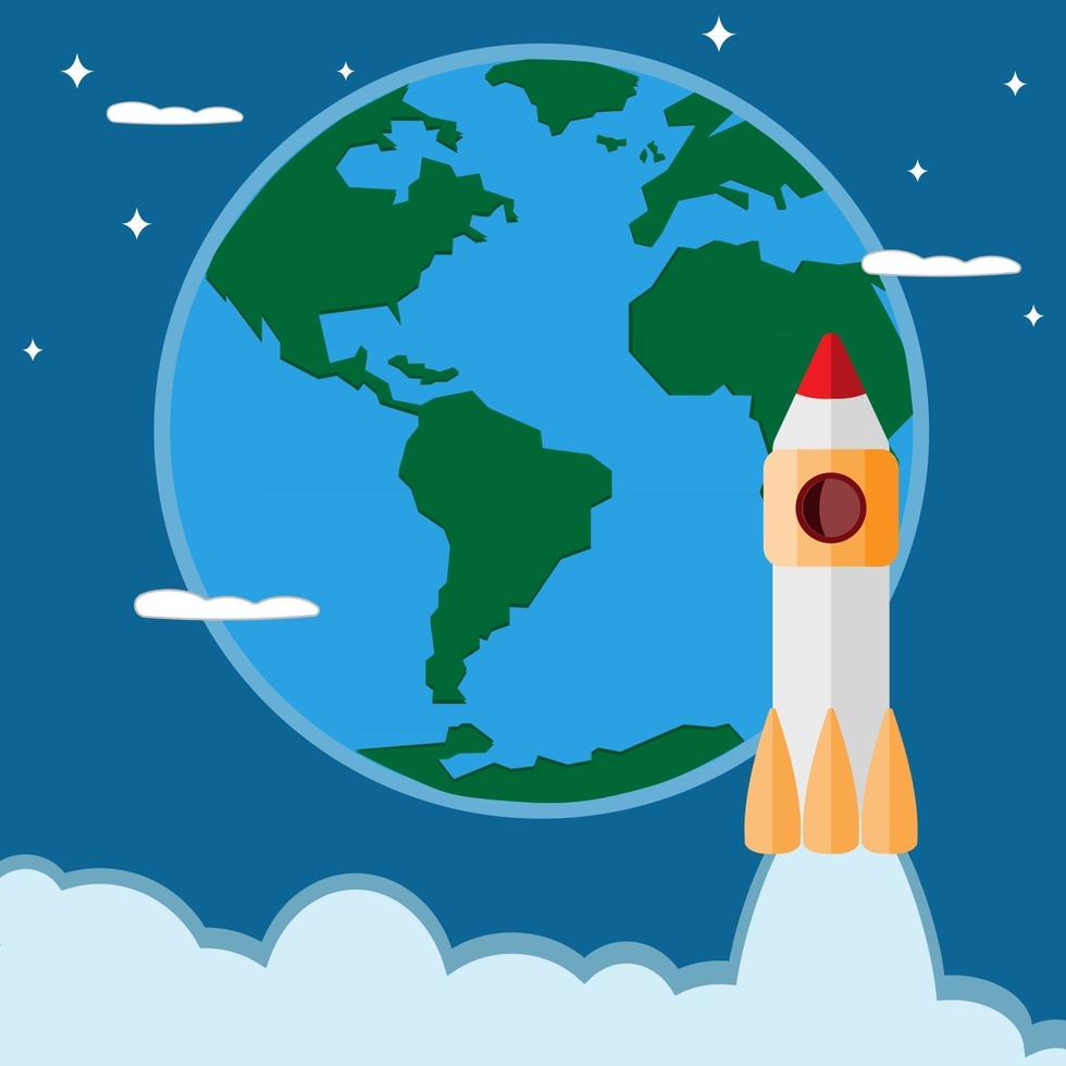 Space rocket icon on the background of the Earth in the flat style vector