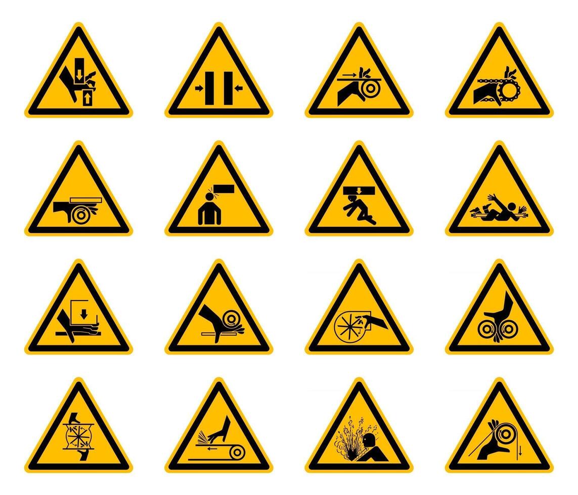 Etiquetas de símbolos de peligro de advertencia triangular sobre fondo blanco vector