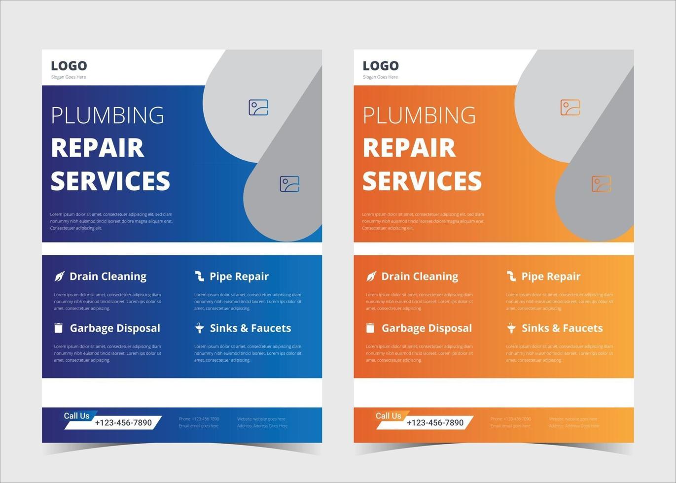 Plumbing flyer template. Plumbing service flyer poster ideas. Plumber service flyer design samples. Plumber service flyer design in two color versions. Plumbing problem fixer flyer template. vector