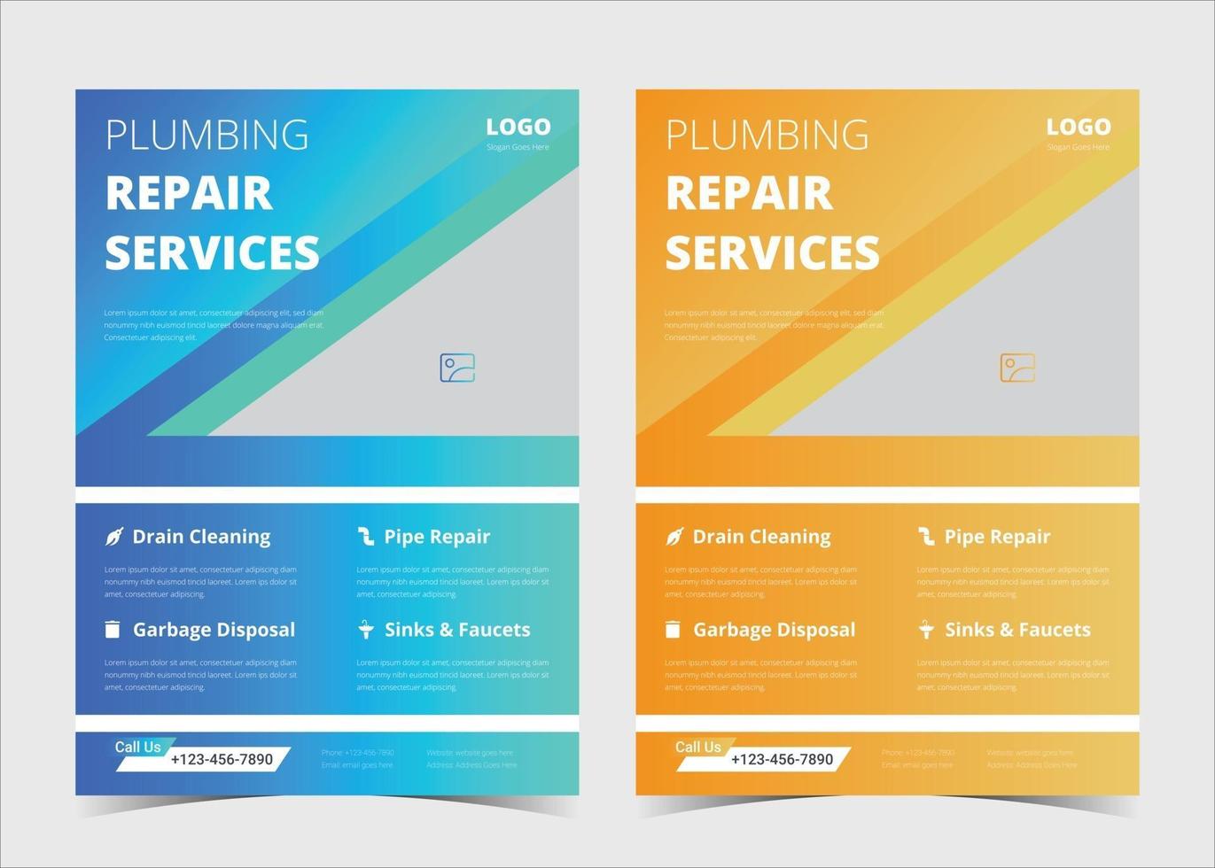 Plumbing flyer template. Plumbing service flyer poster ideas. Plumber service flyer design samples. Plumber service flyer design in two color versions. Plumbing problem fixer flyer template. vector