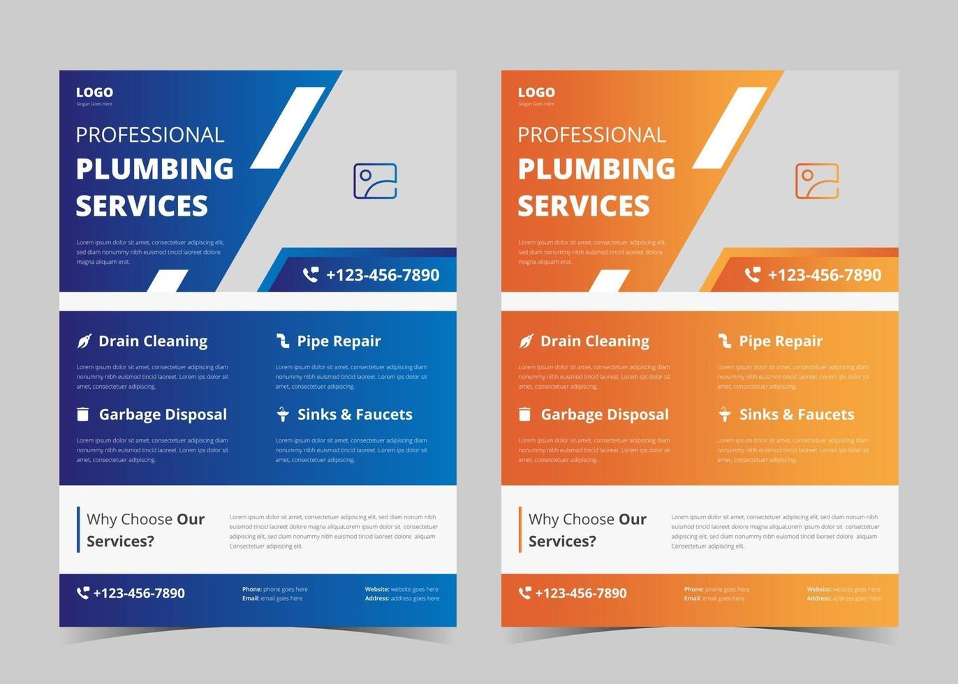 Plumbing flyer template. Plumbing service flyer poster ideas. Plumber service flyer design samples. Plumber service flyer design in two color versions. Plumbing problem fixer flyer template. vector