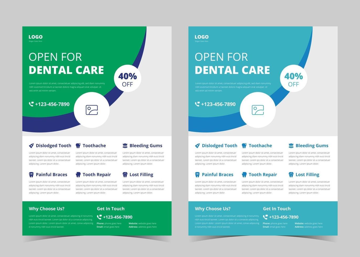 Dentist flyer poster template. Dental care flyer design. Medical service flyer template. Dental service promotional flyer poster template vector