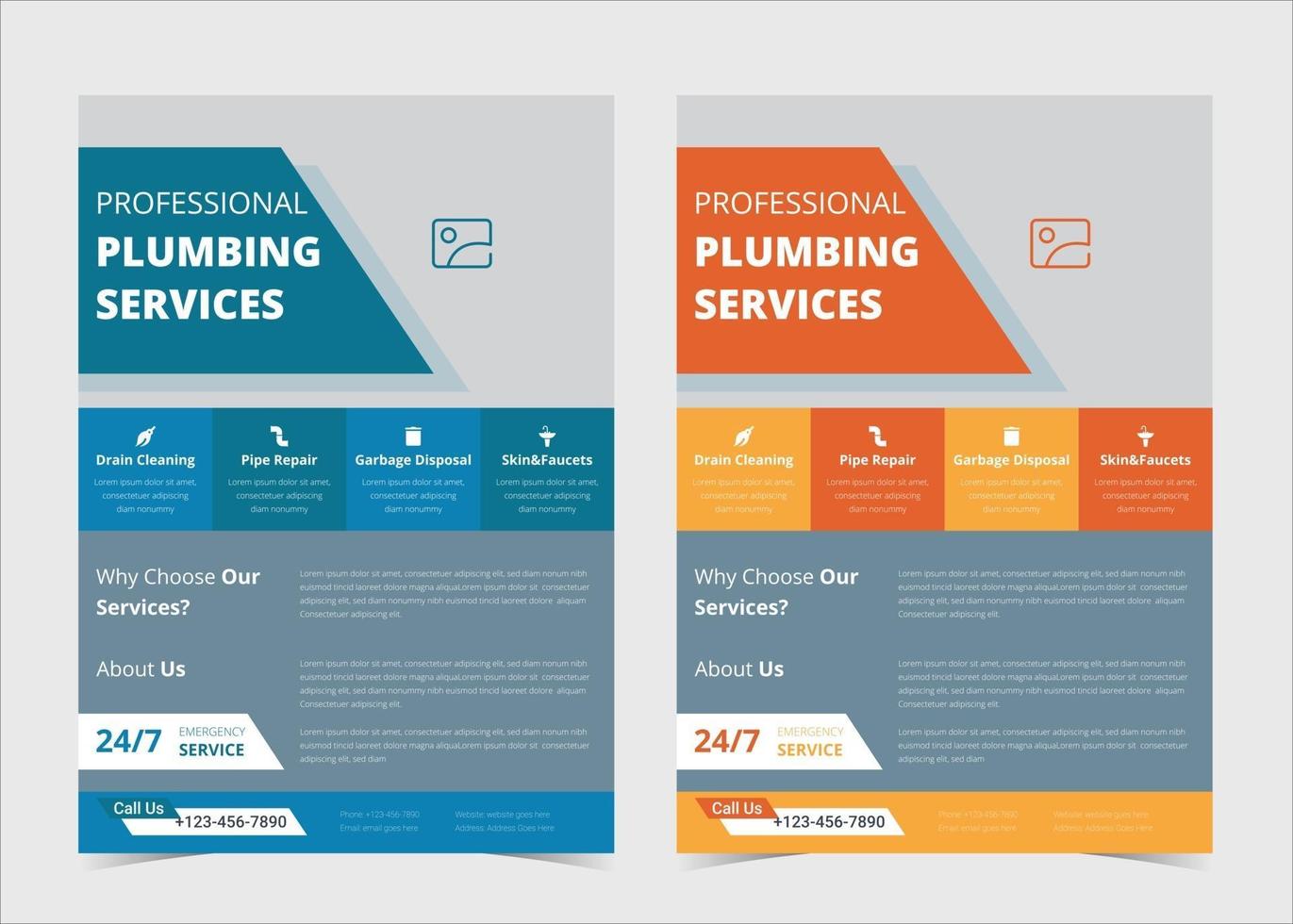 Plumbing flyer template. Plumbing service flyer poster ideas. Plumber service flyer design samples. Plumber service flyer design in two color versions. Plumbing problem fixer flyer template. vector