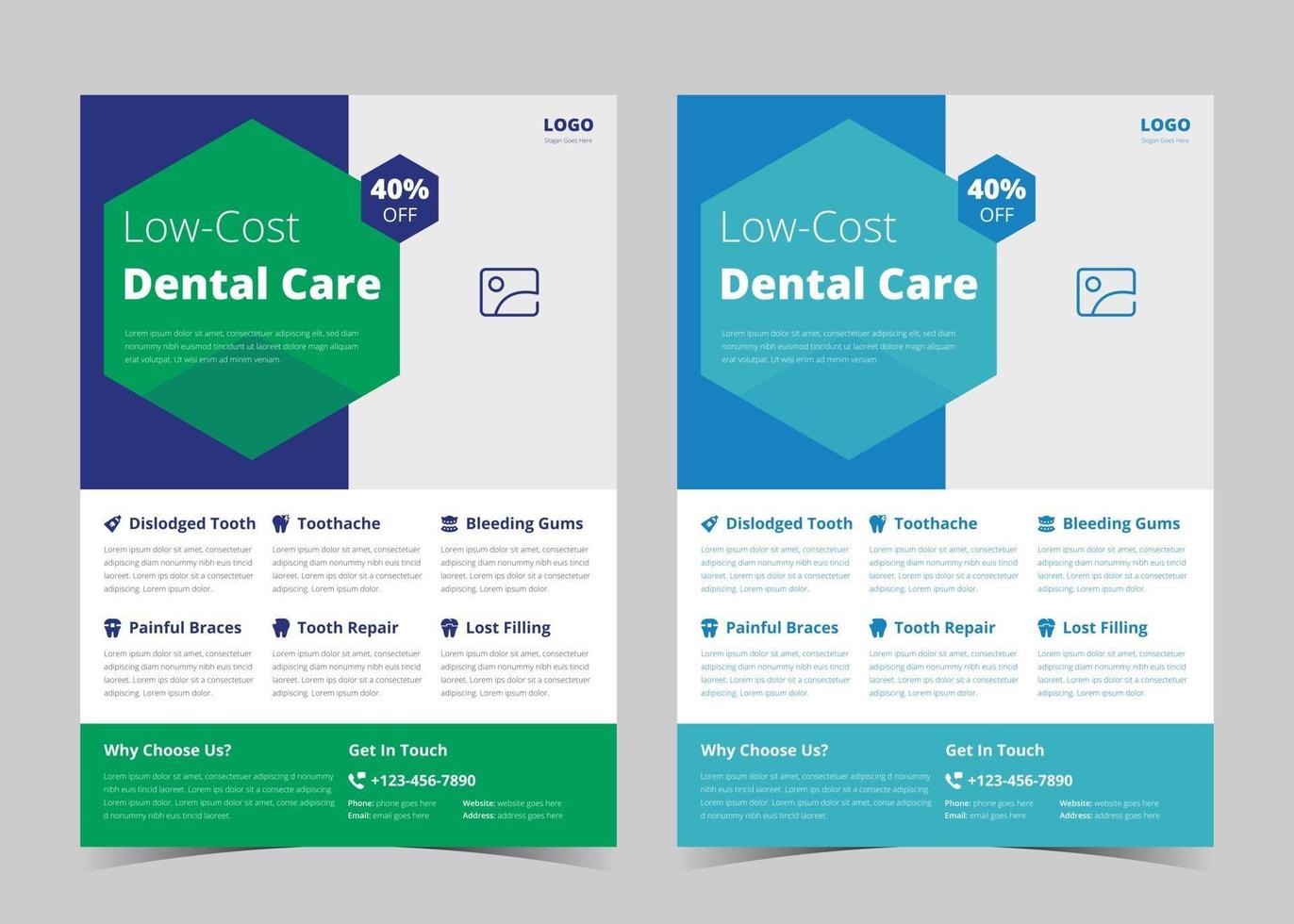 Dentist flyer poster template. Dental care flyer design. Medical service flyer template. Dental service promotional flyer poster template vector