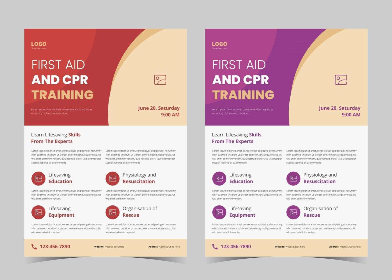 First aid and crp training flyer template. First aid training service promotion poster leaflet template. Crp training flyer poster design vector