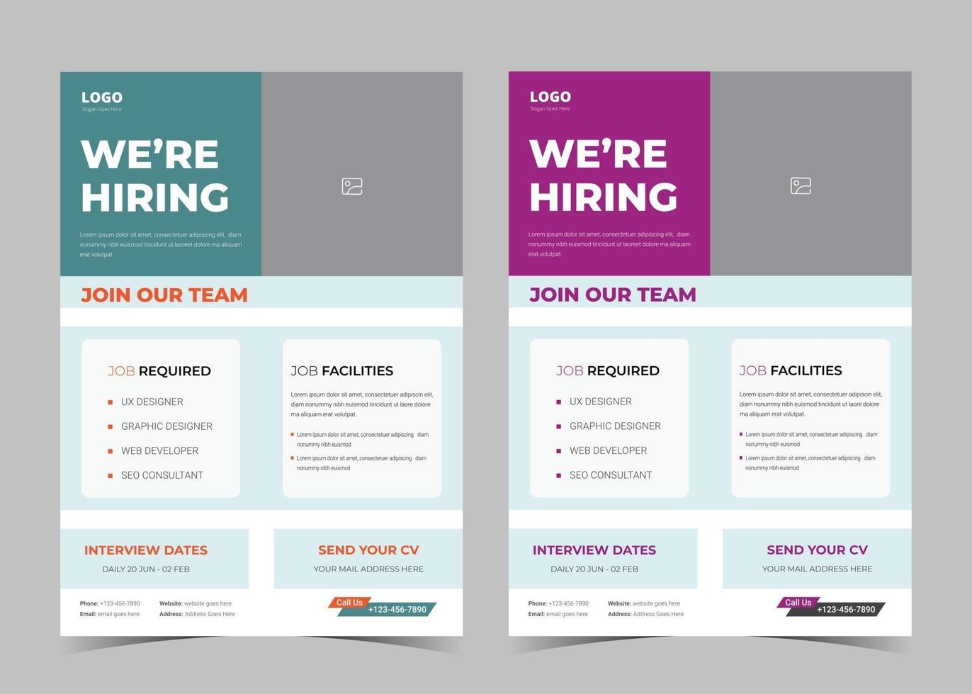 We are hiring flyer design. We are hiring poster template. Job vacancy leaflet flyer template design vector