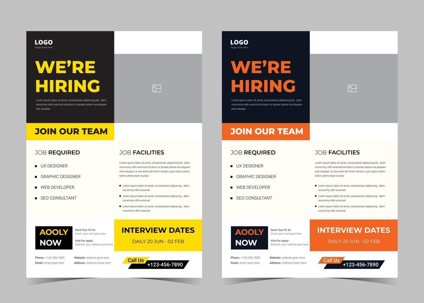 We are hiring flyer design. We are hiring poster template. Job vacancy leaflet flyer template design vector