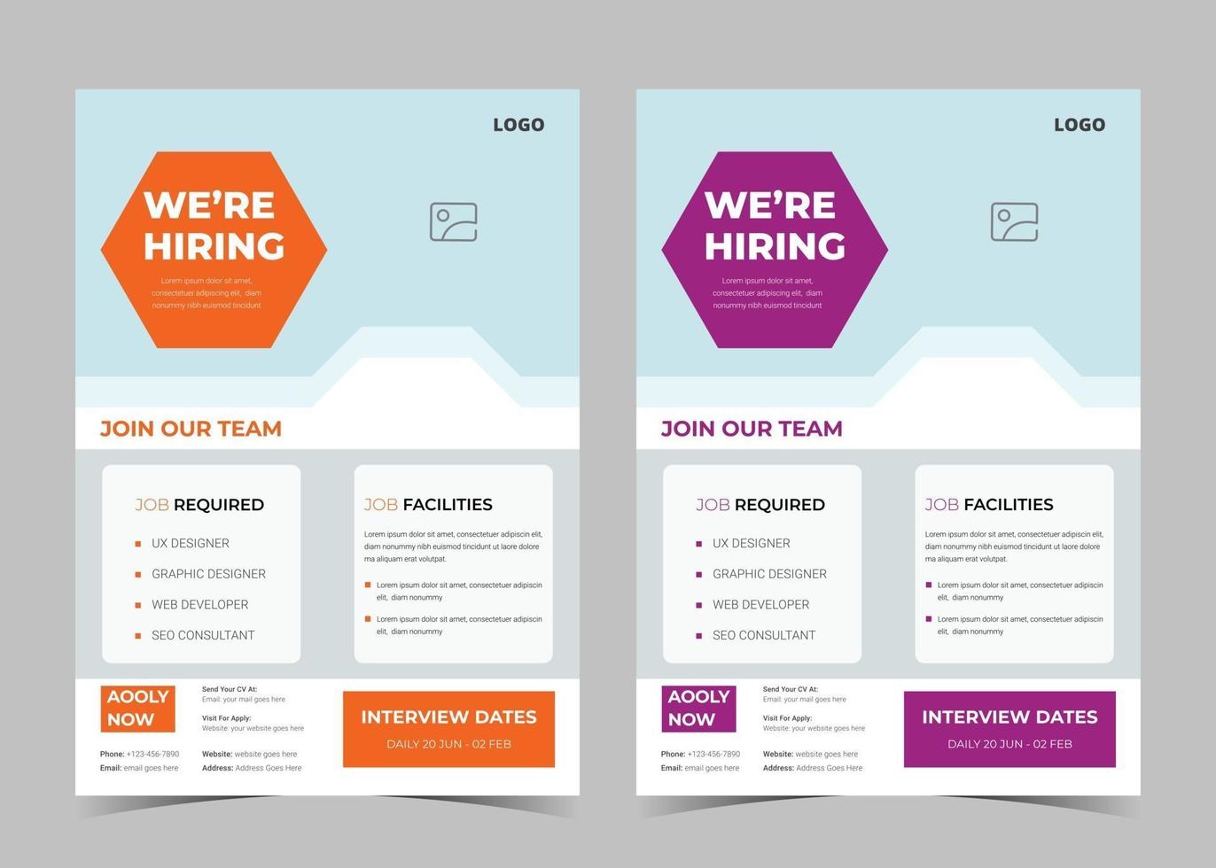 We are hiring flyer design. We are hiring poster template. Job vacancy leaflet flyer template design vector