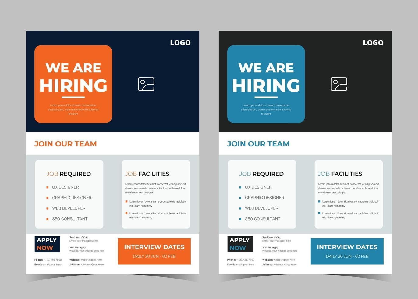 We are hiring flyer design. We are hiring poster template. Job vacancy leaflet flyer template design vector