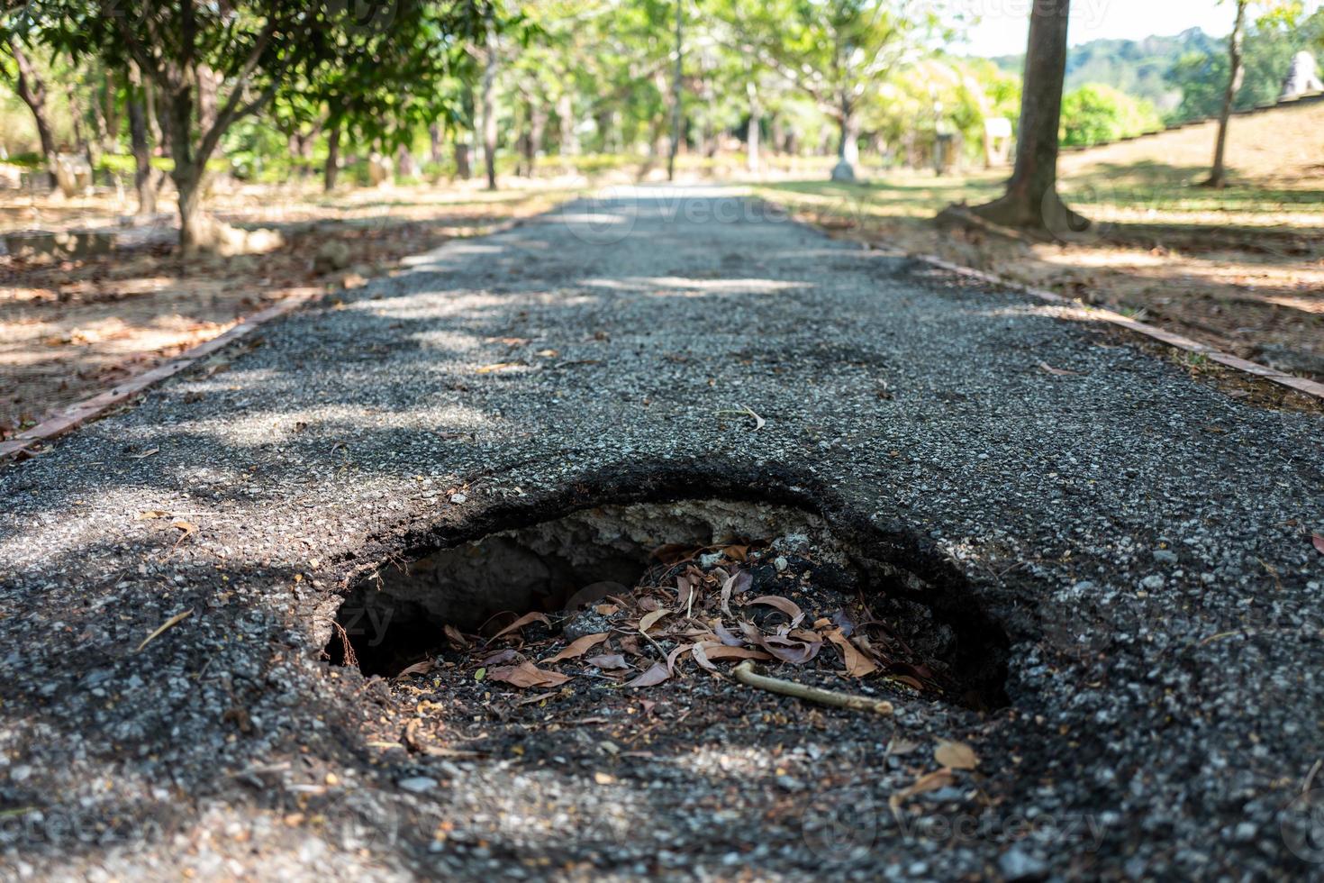 Hole in boardwalk of Langkawi Lagenda Park in Malaysia photo