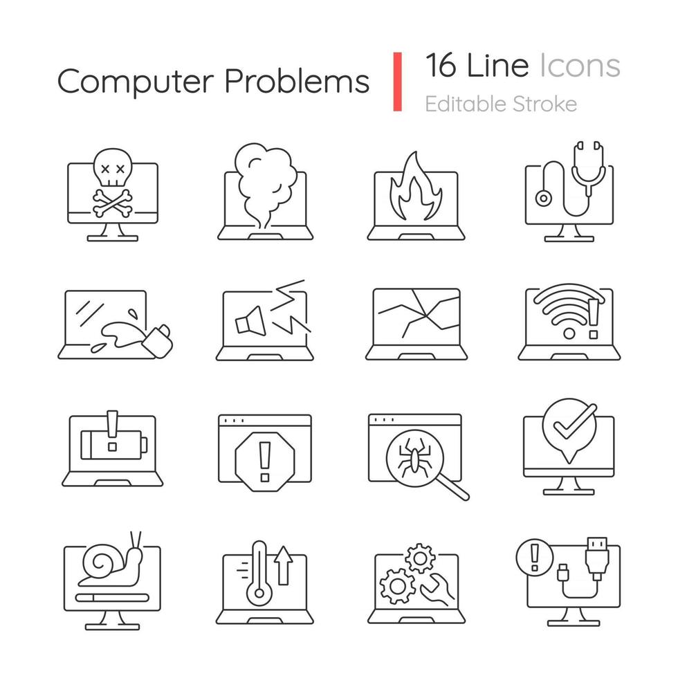 conjunto de iconos lineales de problemas informáticos vector