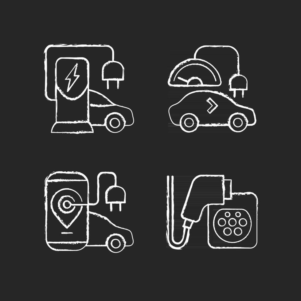 Electric vehicle charging chalk white icons set on black background vector