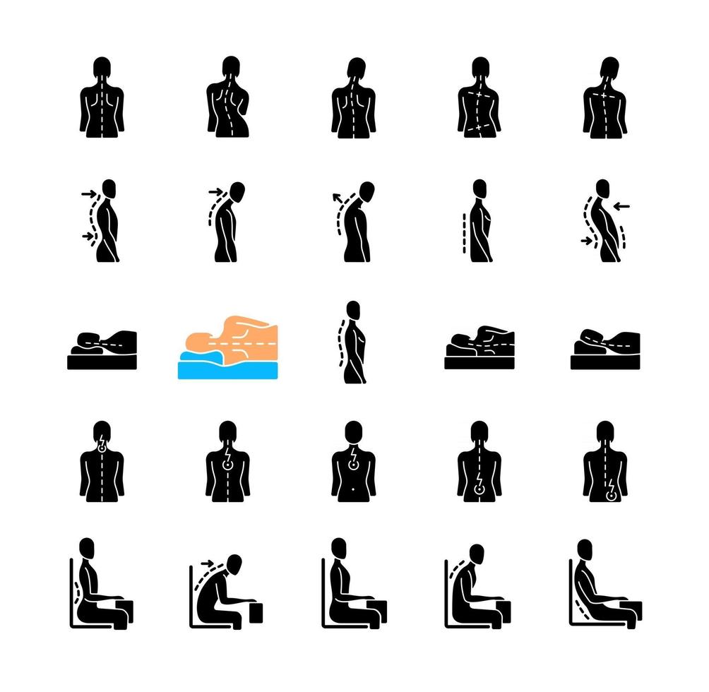 Back and posture problems black glyph icons set on white space vector